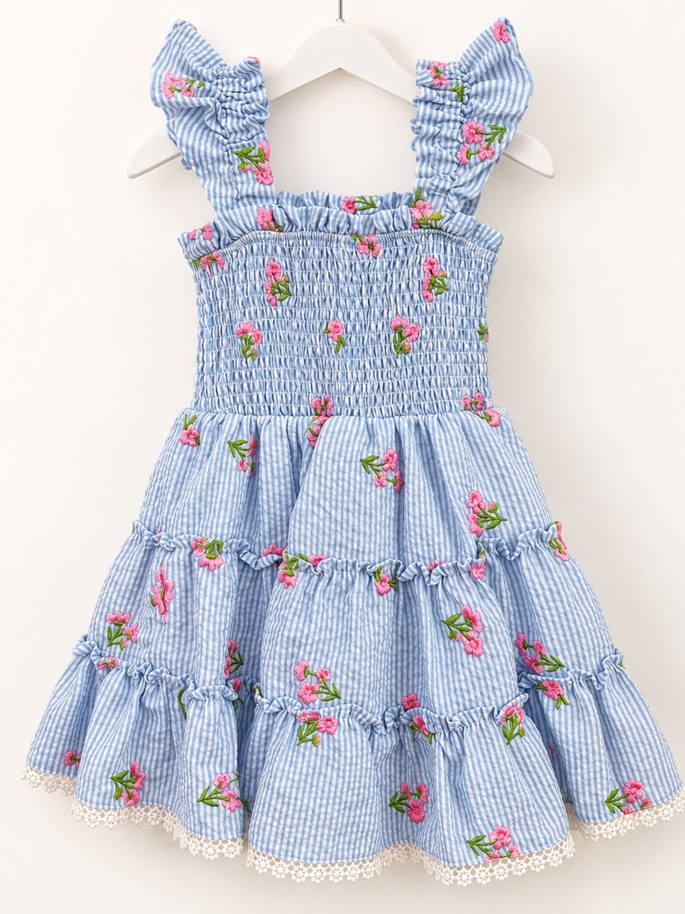 Macy's Blue Striped Smocked Floral Ruffle Dress